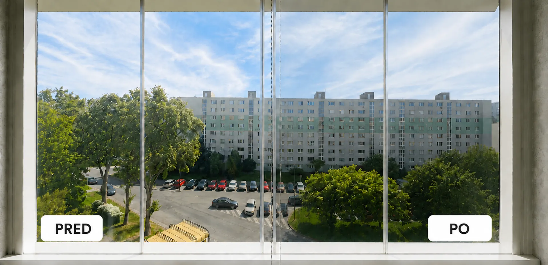 Porovnanie okna s fóliou 3M Prestige 50 (PO) a bez fólie (PRED) - rovnaký pohľad na sídlisko